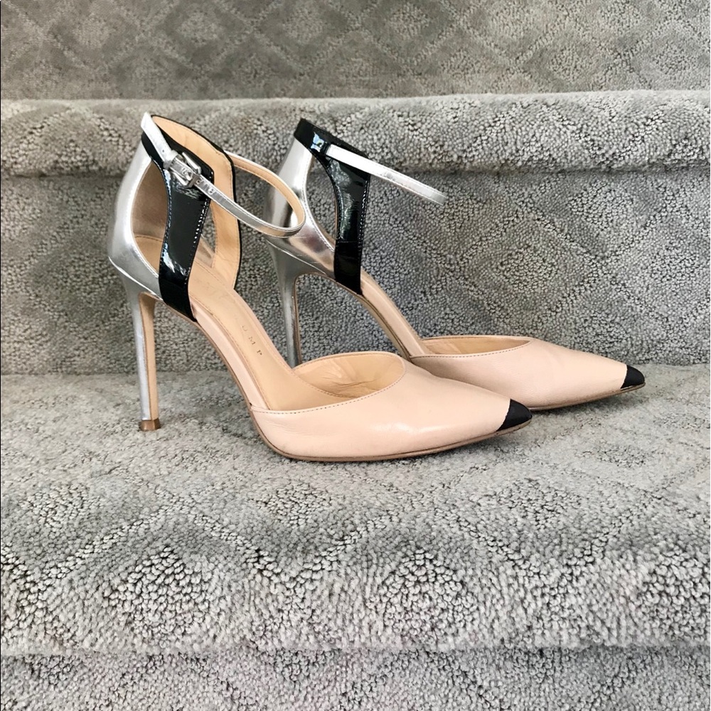 Nude black silver ankle strap D’Orsay cut heels
